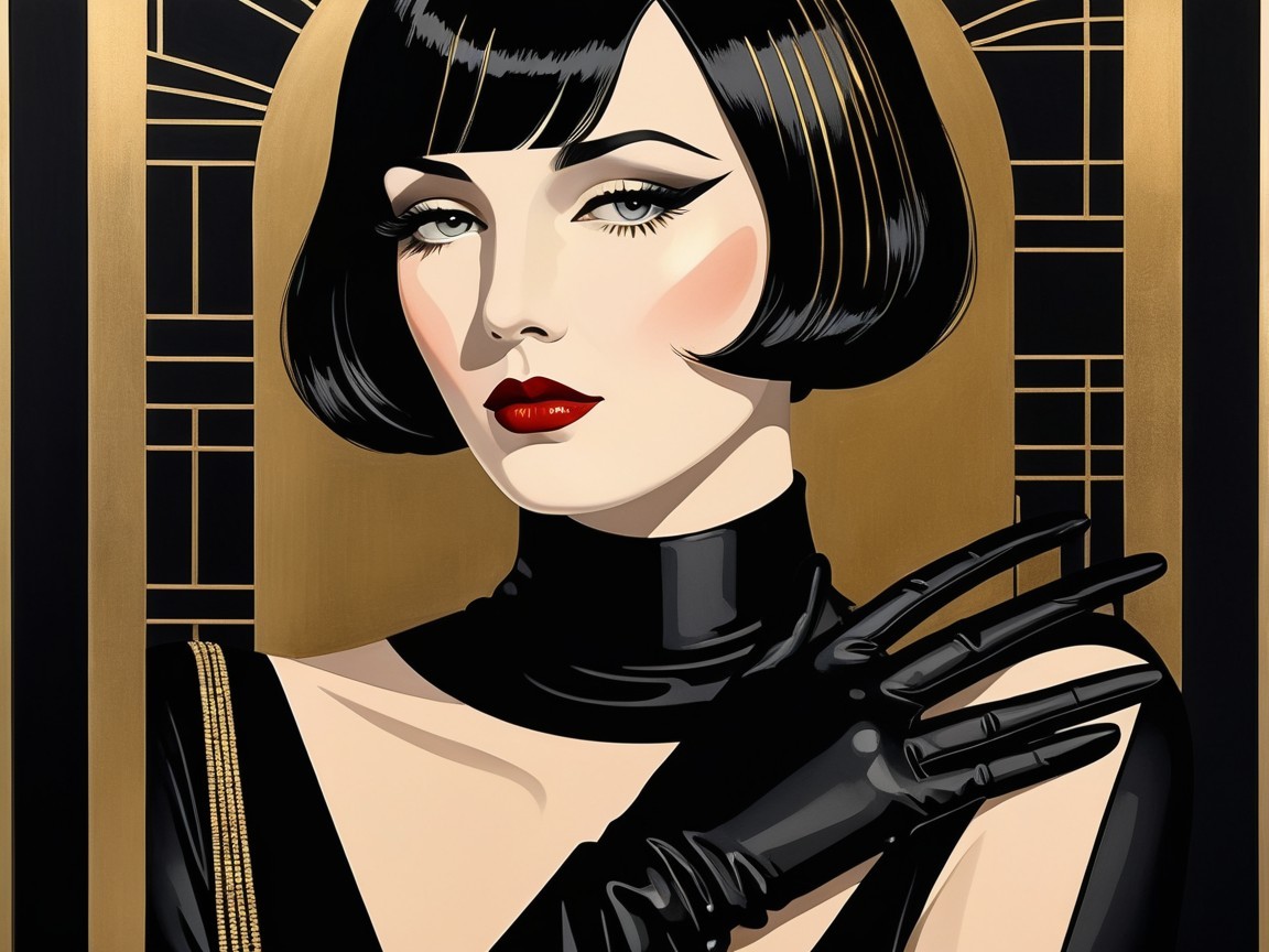 Glamorous Woman in Black Outfit with Art Deco Background