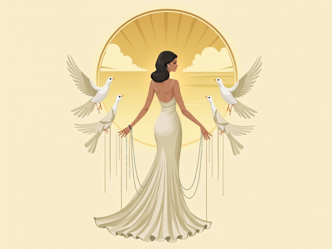 Elegant figure in flowing dress with doves and sunrise