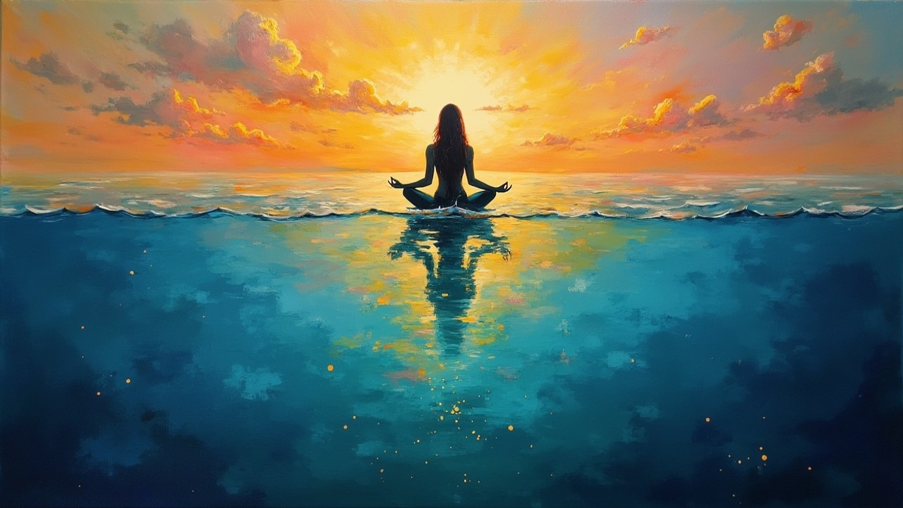 Serene Figure Meditating at Vibrant Ocean Sunset