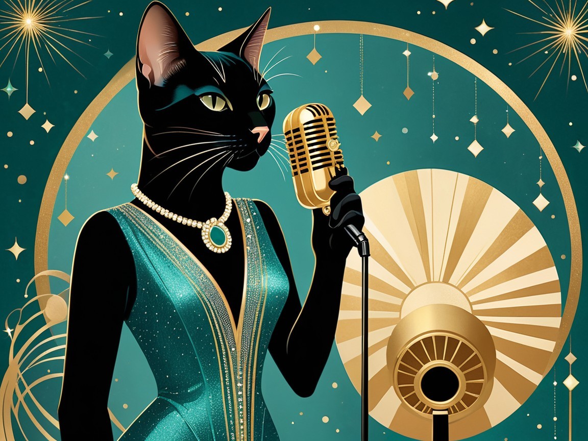 Elegant Black Cat in Teal Gown with Art Deco Background