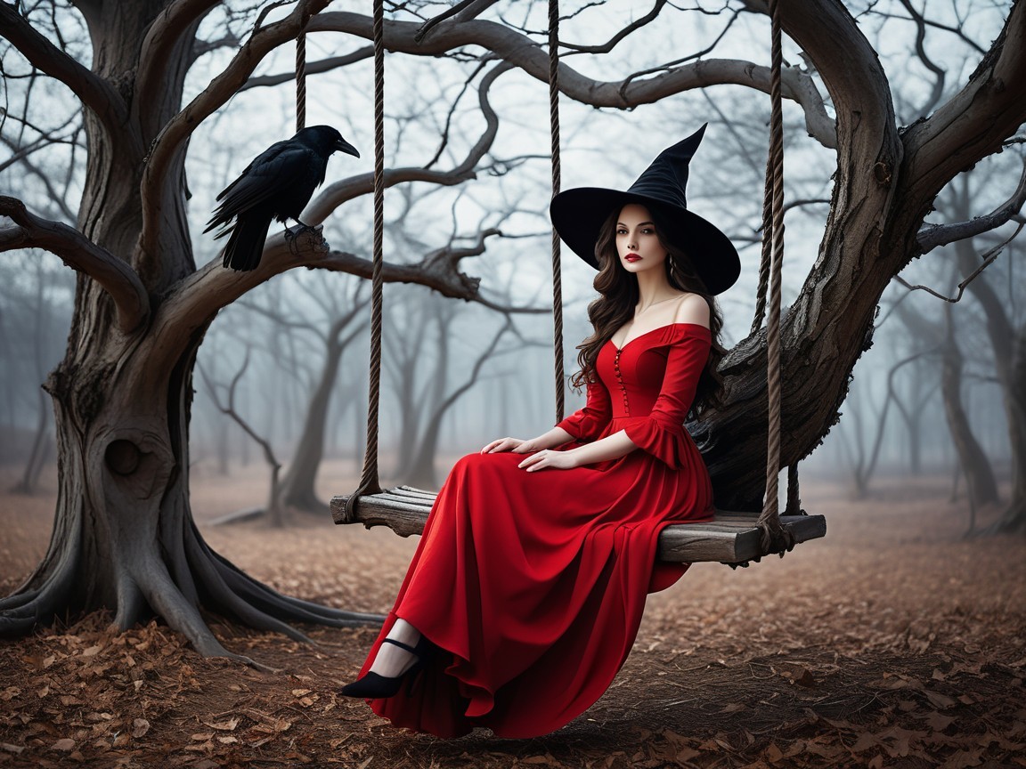 Mysterious Foggy Forest with Young Woman in Red Gown
