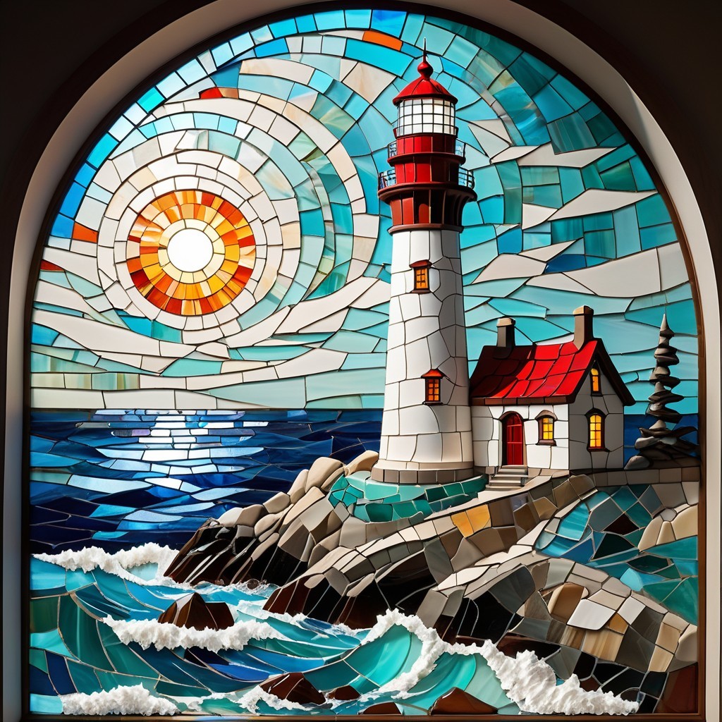 Vibrant Stained Glass Lighthouse Coastal Artwork