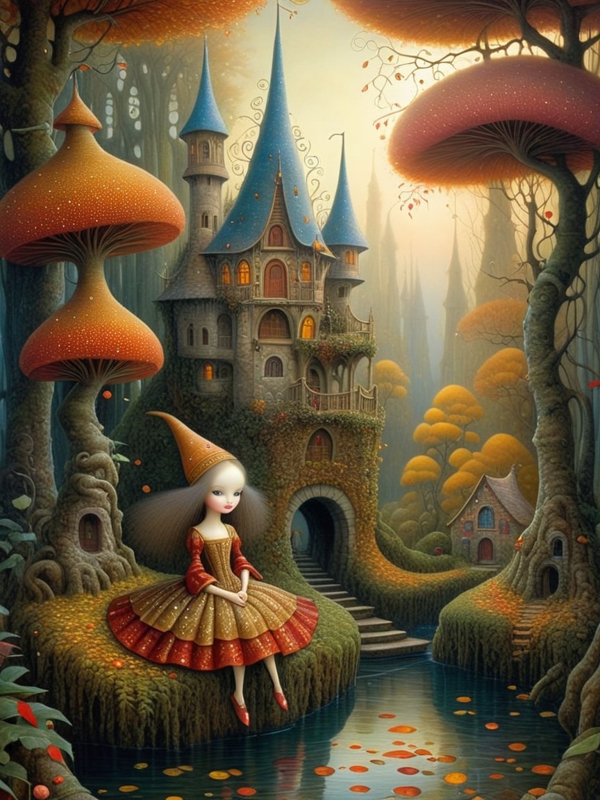 Whimsical Landscape with Girl and Fantasy Castle