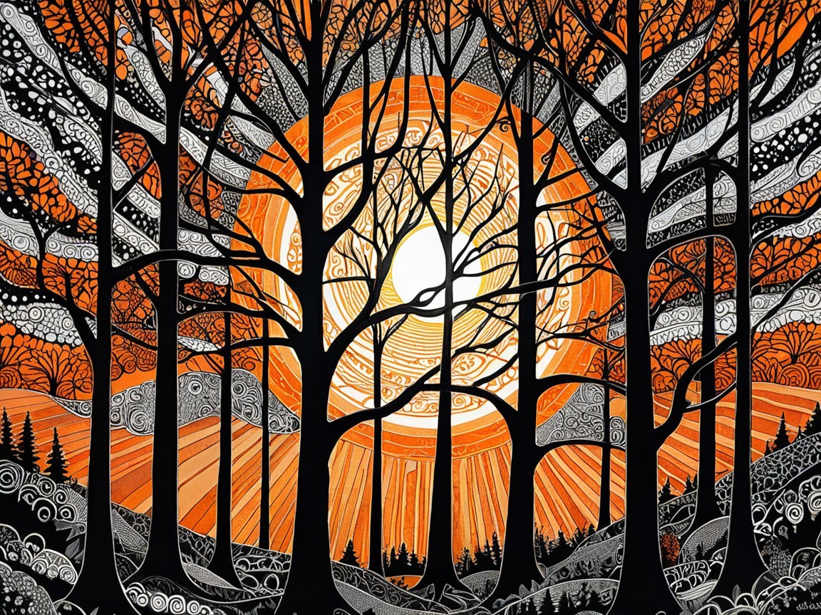 Vibrant Sunset Behind Intricate Black Trees