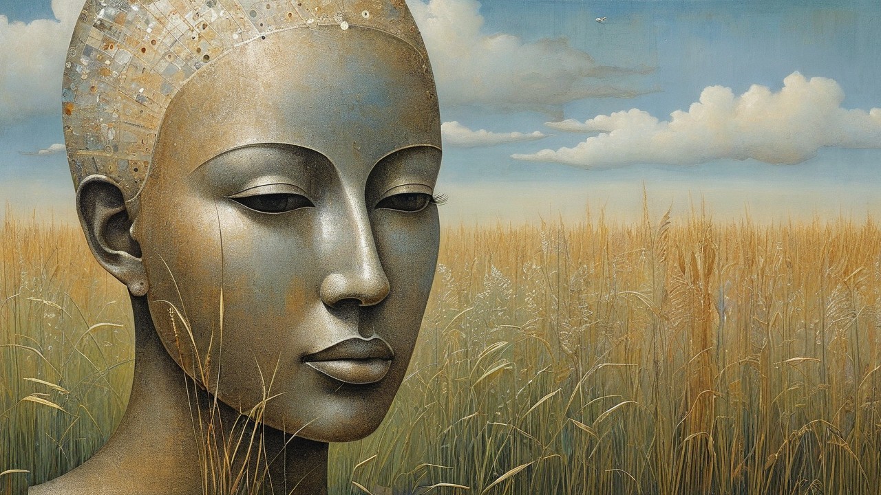 Serene Stylized Face in Metallic Tones and Grassy Field