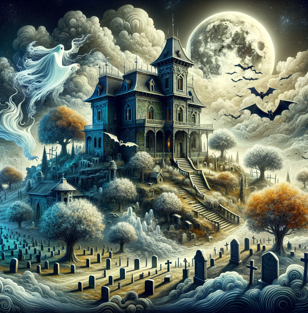 Haunted House in Foggy Graveyard Under Moonlight