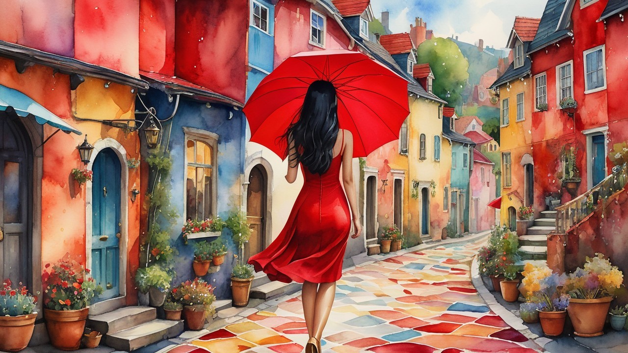 Watercolor Scene of Woman in Red Dress on Cobblestone Street