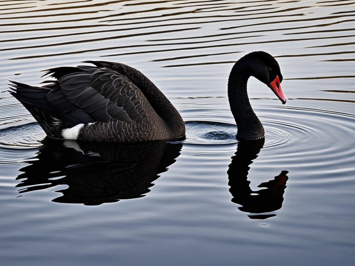 Black Swan Gliding on Calm Water with Reflection