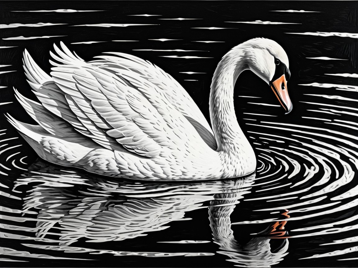Swan Gliding on Tranquil Lake with Reflective Ripples