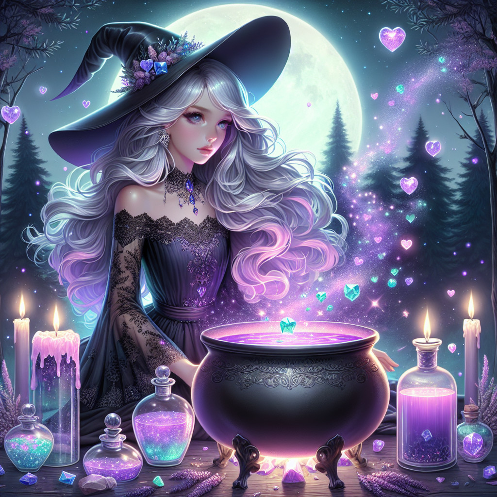 Young Witch at Cauldron in a Mystical Night Scene