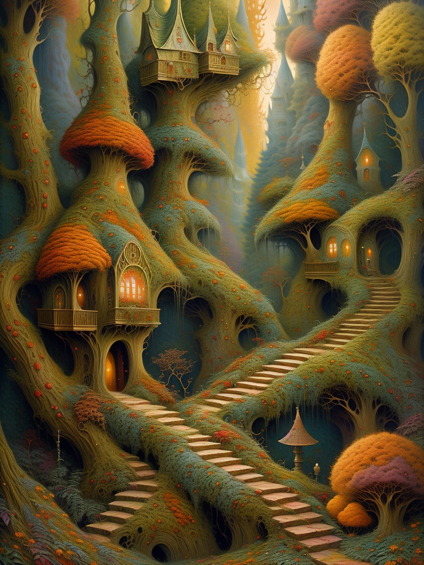 Whimsical Landscape with Oversized Colorful Trees