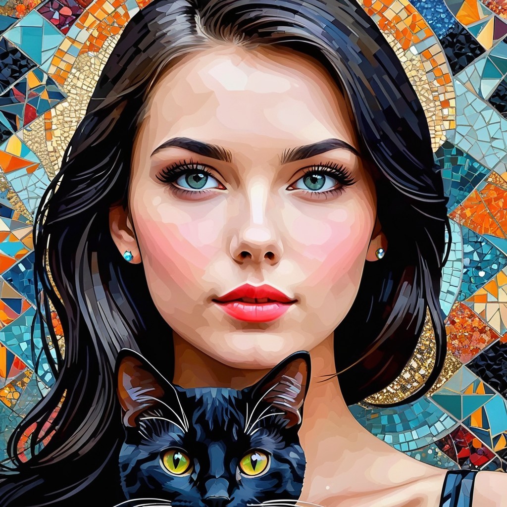 Portrait of a Young Woman with a Black Cat and Mosaic Background