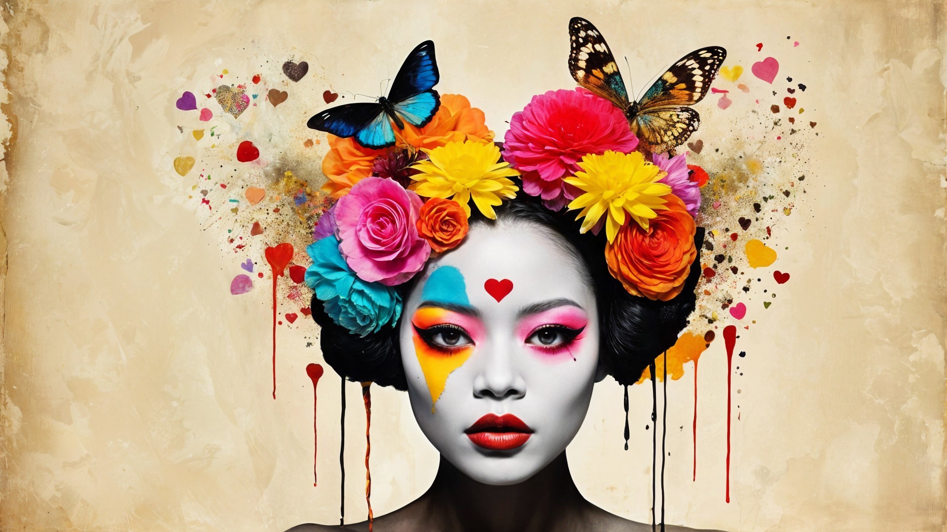Portrait of a woman with flowers and butterflies