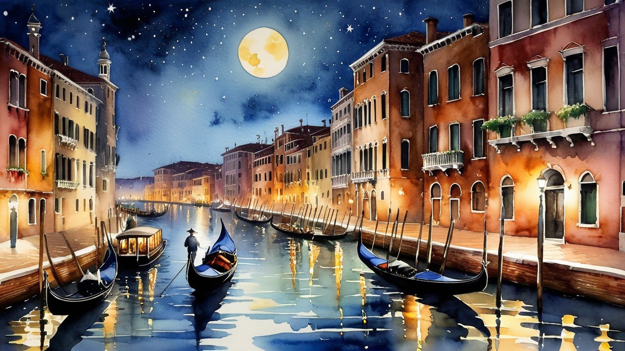 Serene Nighttime Scene of Illuminated Venice Canal
