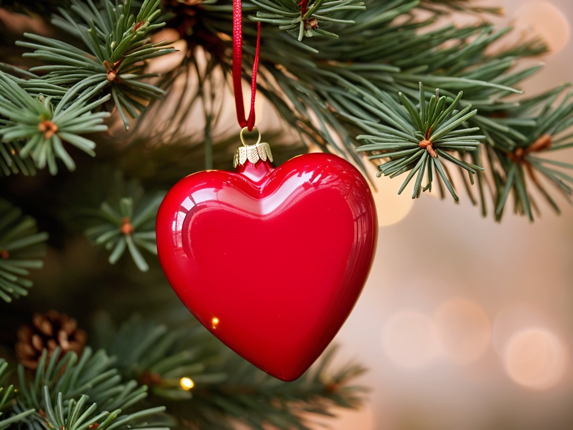 Red Heart Ornament on Pine Tree with Twinkling Lights