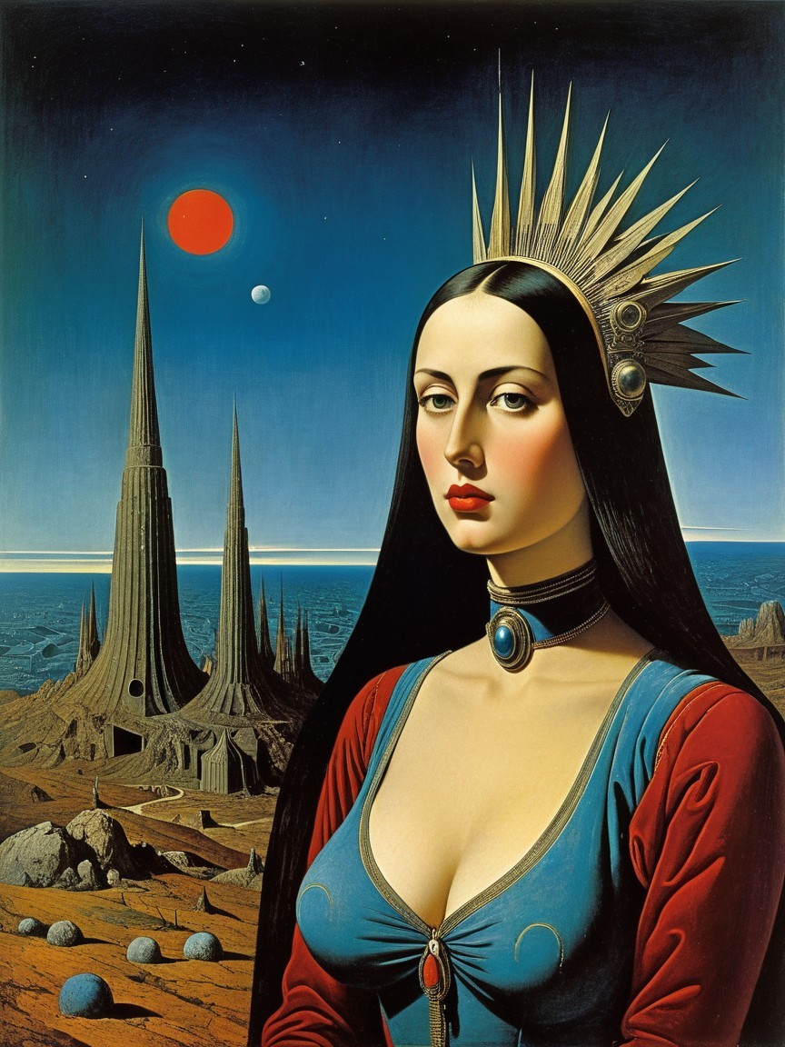 Striking Woman in Vibrant Gown in Surreal Landscape