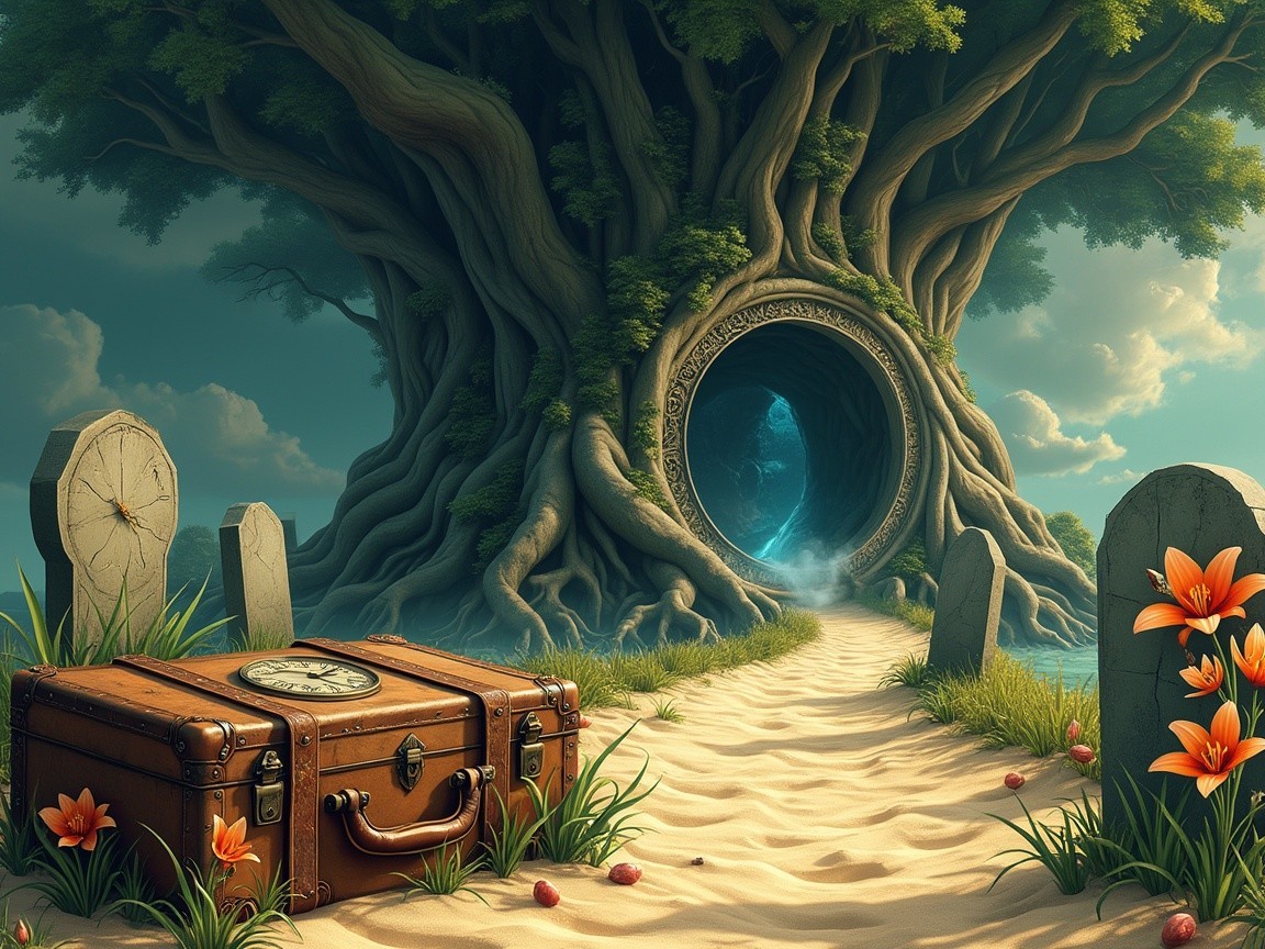 Ancient Tree with Portal and Vintage Suitcase Scene