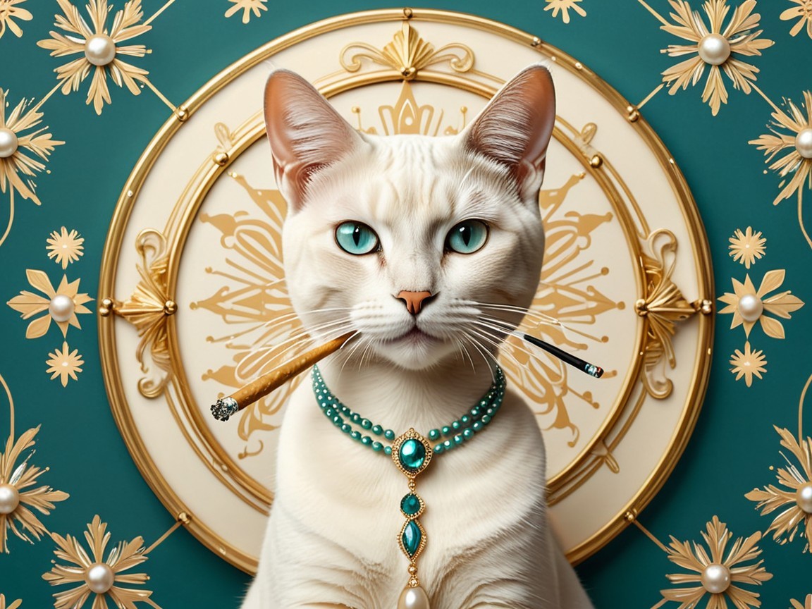 Regal White Cat with Turquoise Necklace and Floral Background