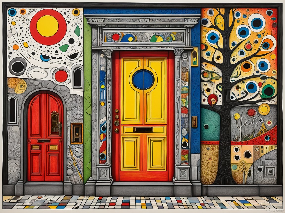 Whimsical Scene with Colorful Doors and Tree