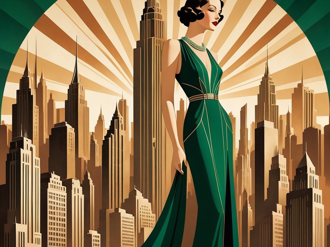 Glamorous Woman in Green Gown Against Art Deco Skyscrapers