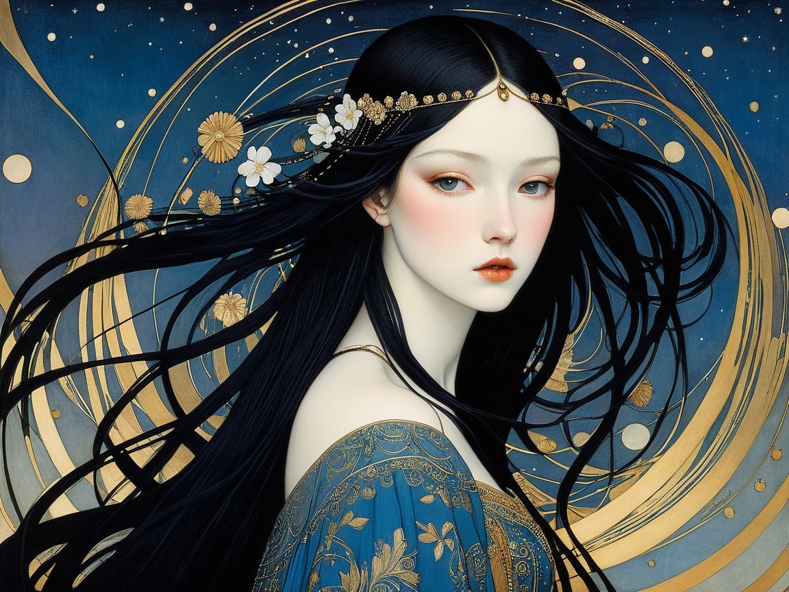 Portrait of a young woman in an elegant blue gown