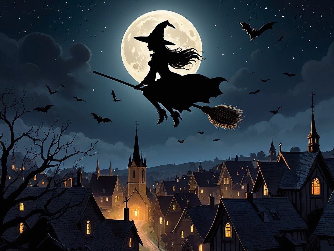 Witch Flying Over Moonlit Village on Halloween Night
