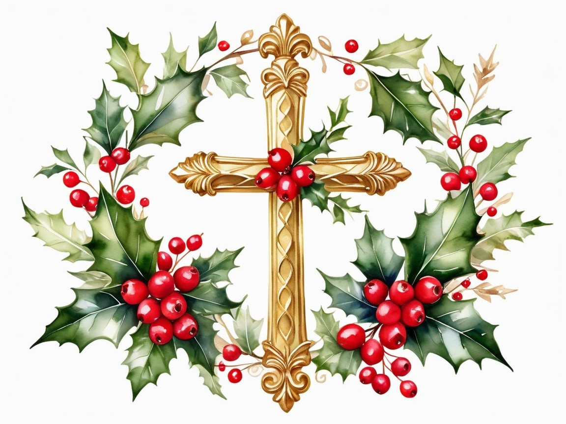 Christmas Wreath with Golden Cross and Holly Leaves