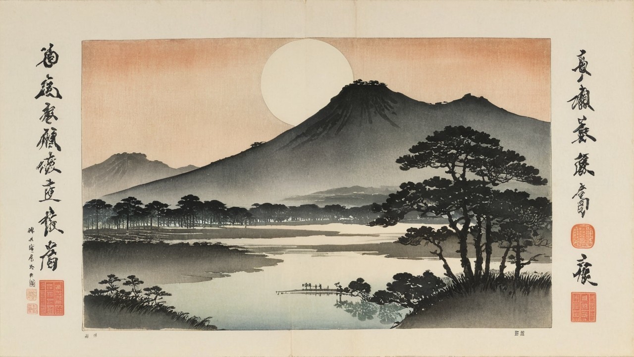 Mountain Silhouette with Calm Waters and Warm Sky
