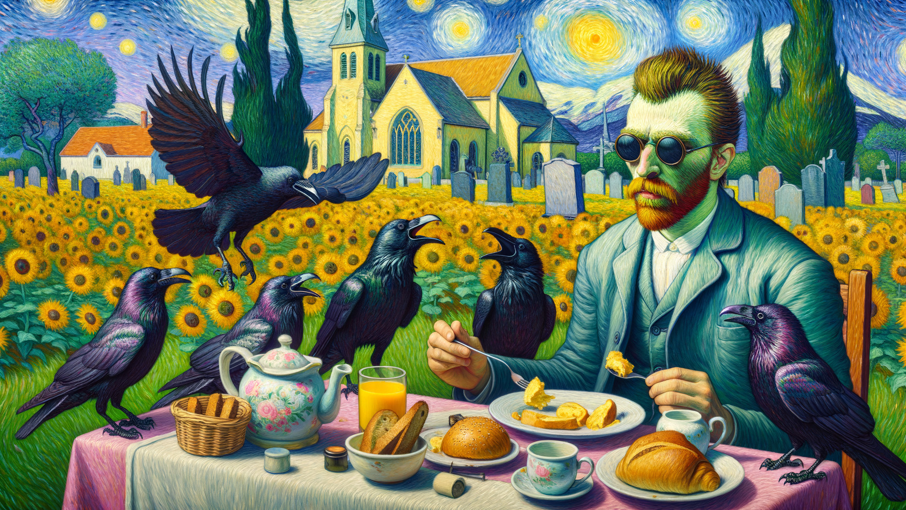 Breakfast Scene in a Sunflower Field with Crows