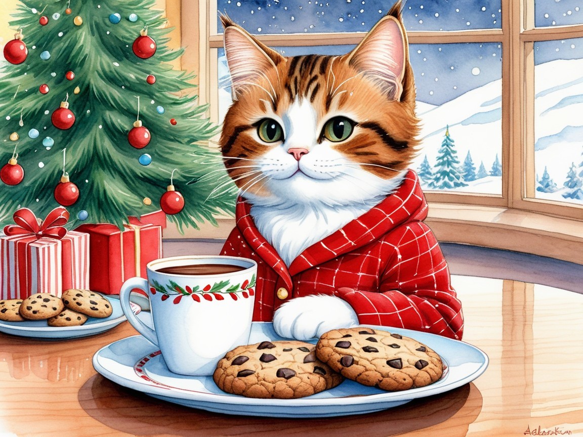 Cozy Holiday Scene with Cat in Pajamas and Treats