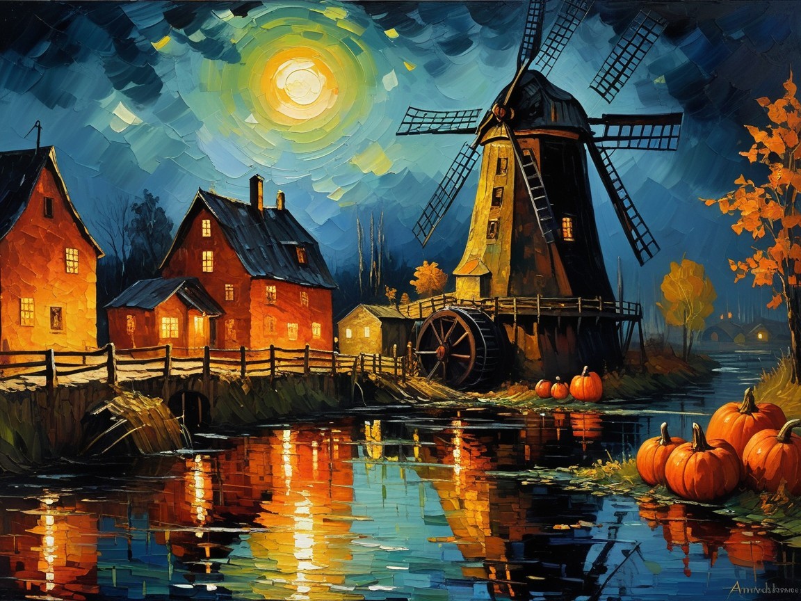 Autumn Landscape with Windmill and Moonlit Waterway
