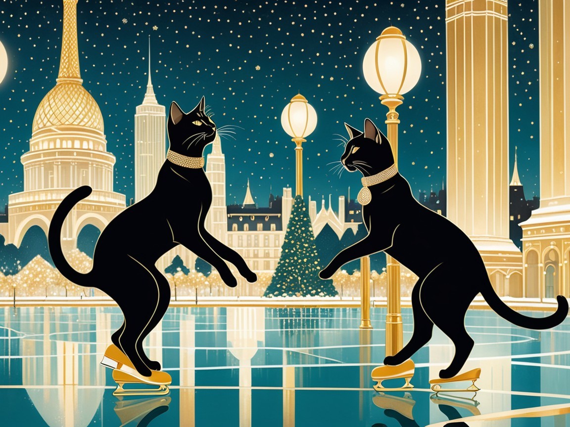 Black Cats Skating on a Festive Ice Rink Scene