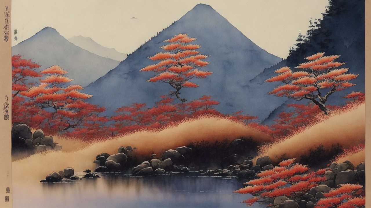 Serene Landscape with Mountains and Autumn Colors