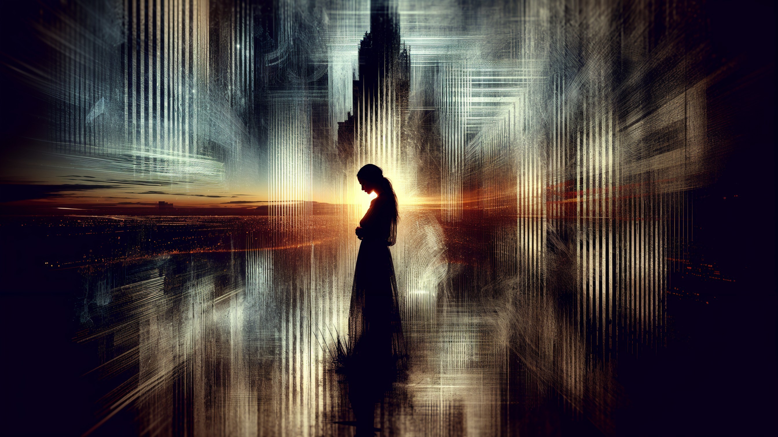 Silhouette of a Woman in Surreal Abstract Landscape