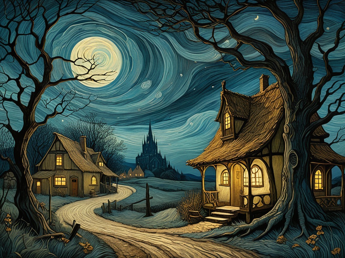 Whimsical Night Scene with Cottages and Castle