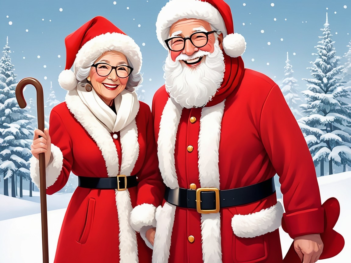Cheerful Santa and Mrs. Claus in Snowy Landscape
