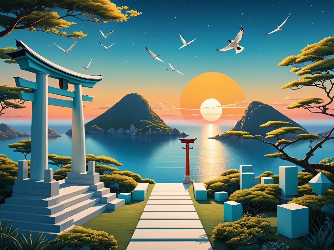 Serene Landscape with Torii Gate and Sunset Seascape