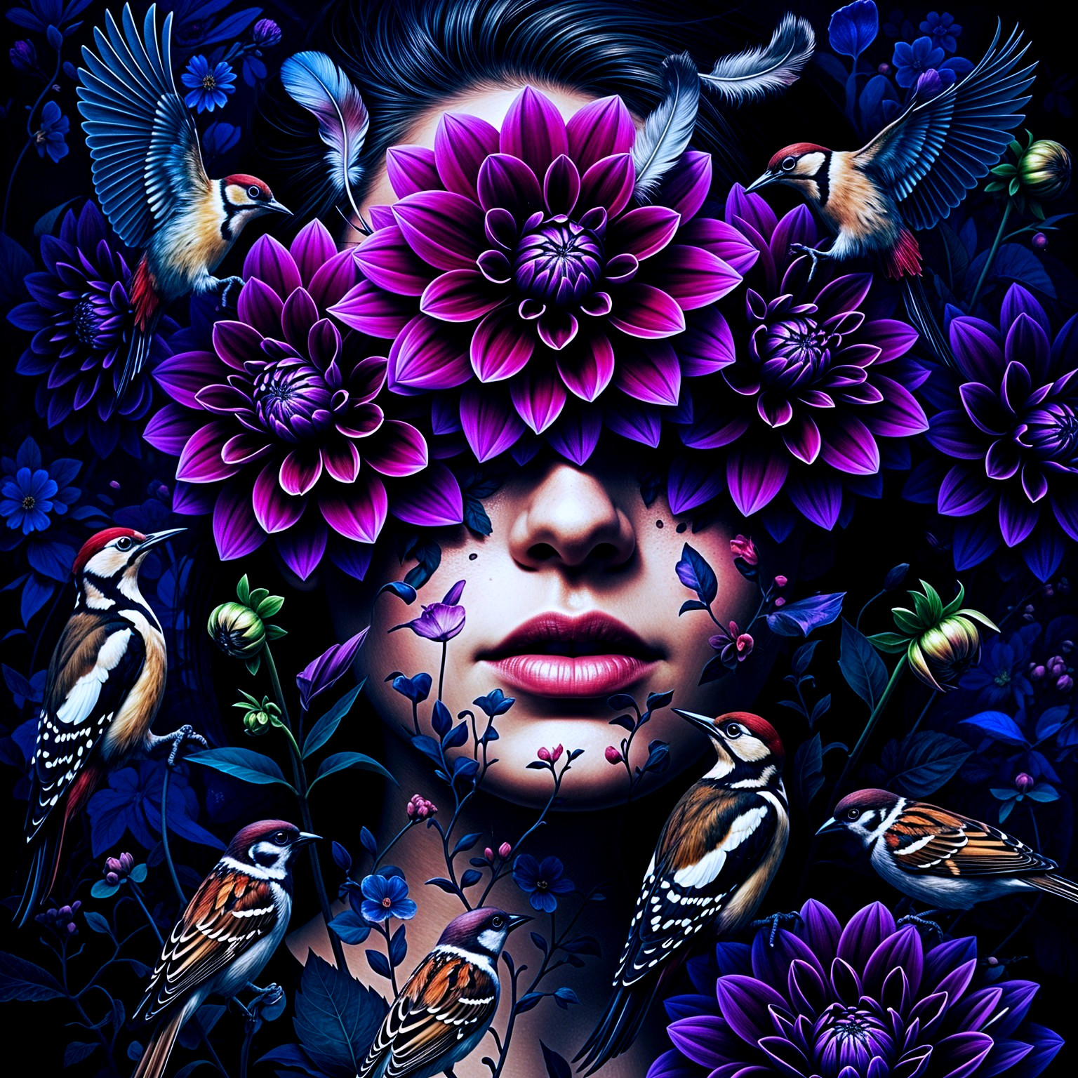 Woman with Covered Eyes Surrounded by Colorful Flora