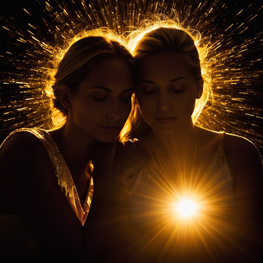 Women Embraced in Light with Serene Expressions