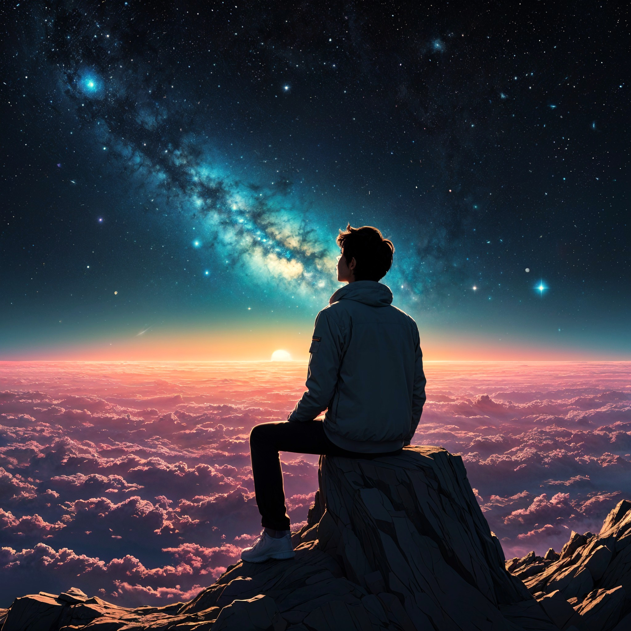 Silhouetted Figure Overlooking Cosmic Landscape at Sunset