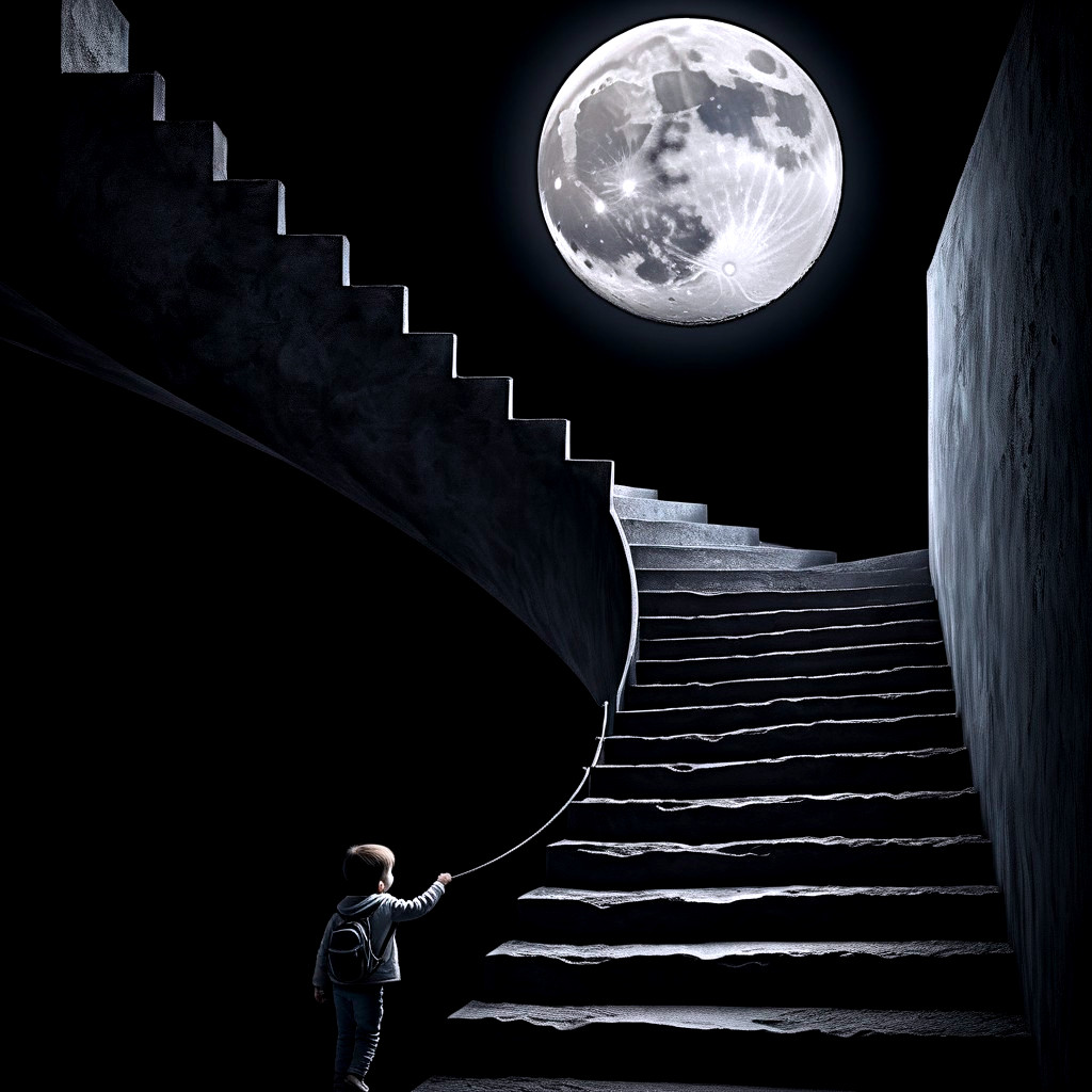 Child at base of winding staircase under full moon