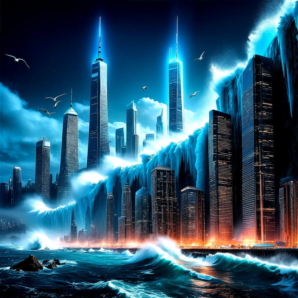 Futuristic cityscape with illuminated skyscrapers and waterfalls