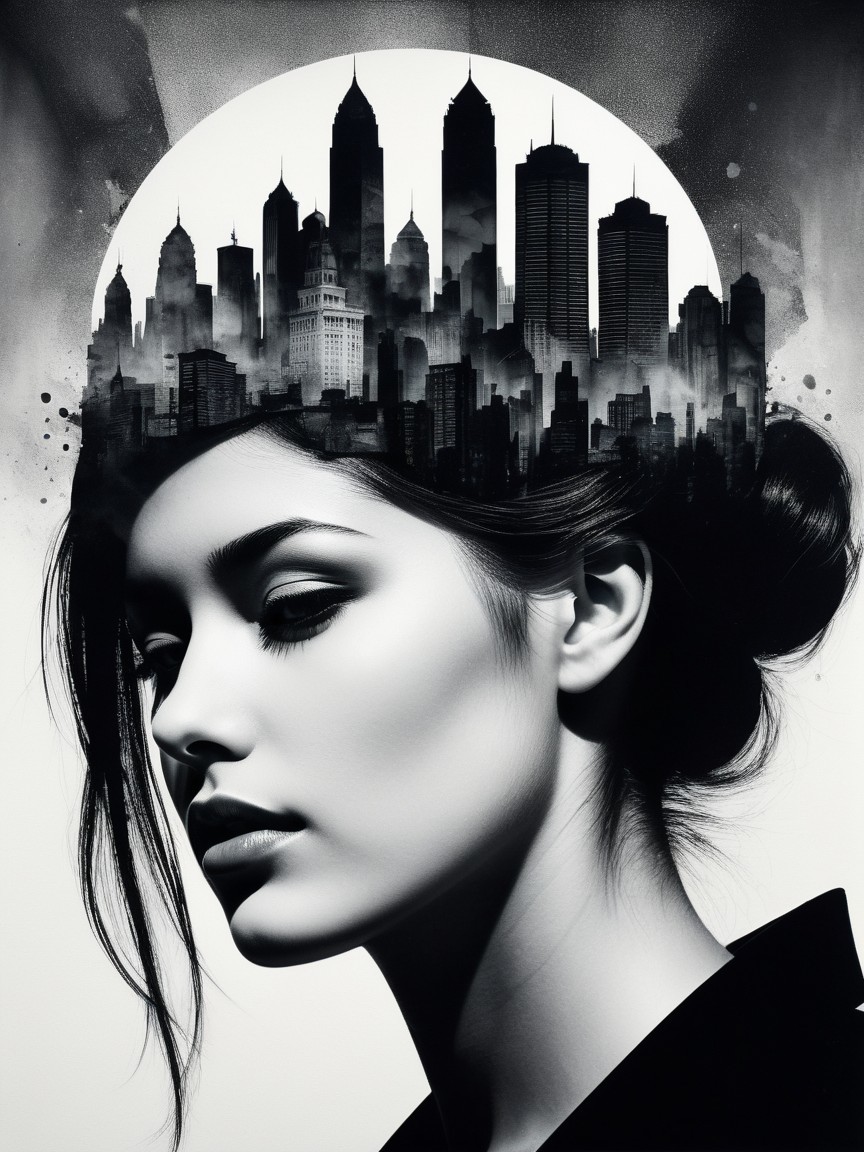 Black and white portrait of girl with city silhouette