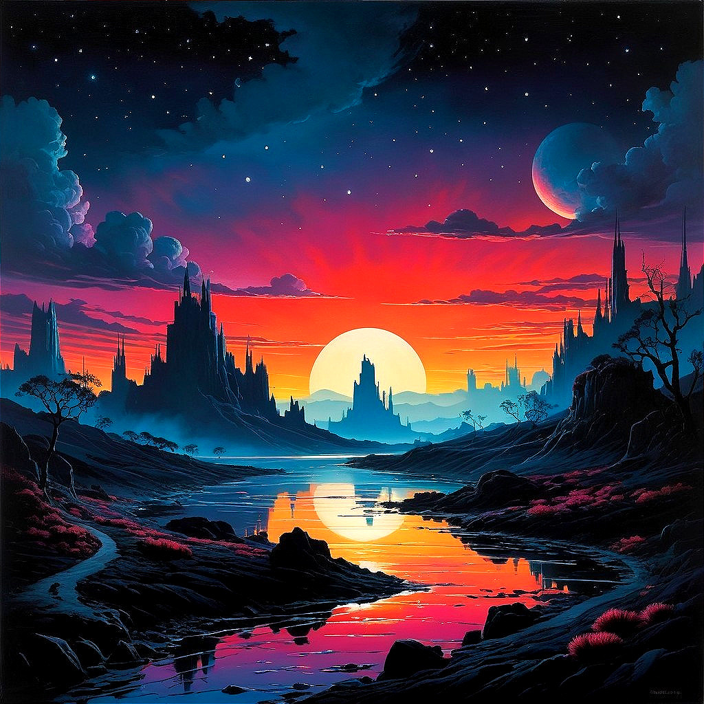 Surreal Landscape with Vivid Colors and Mountains