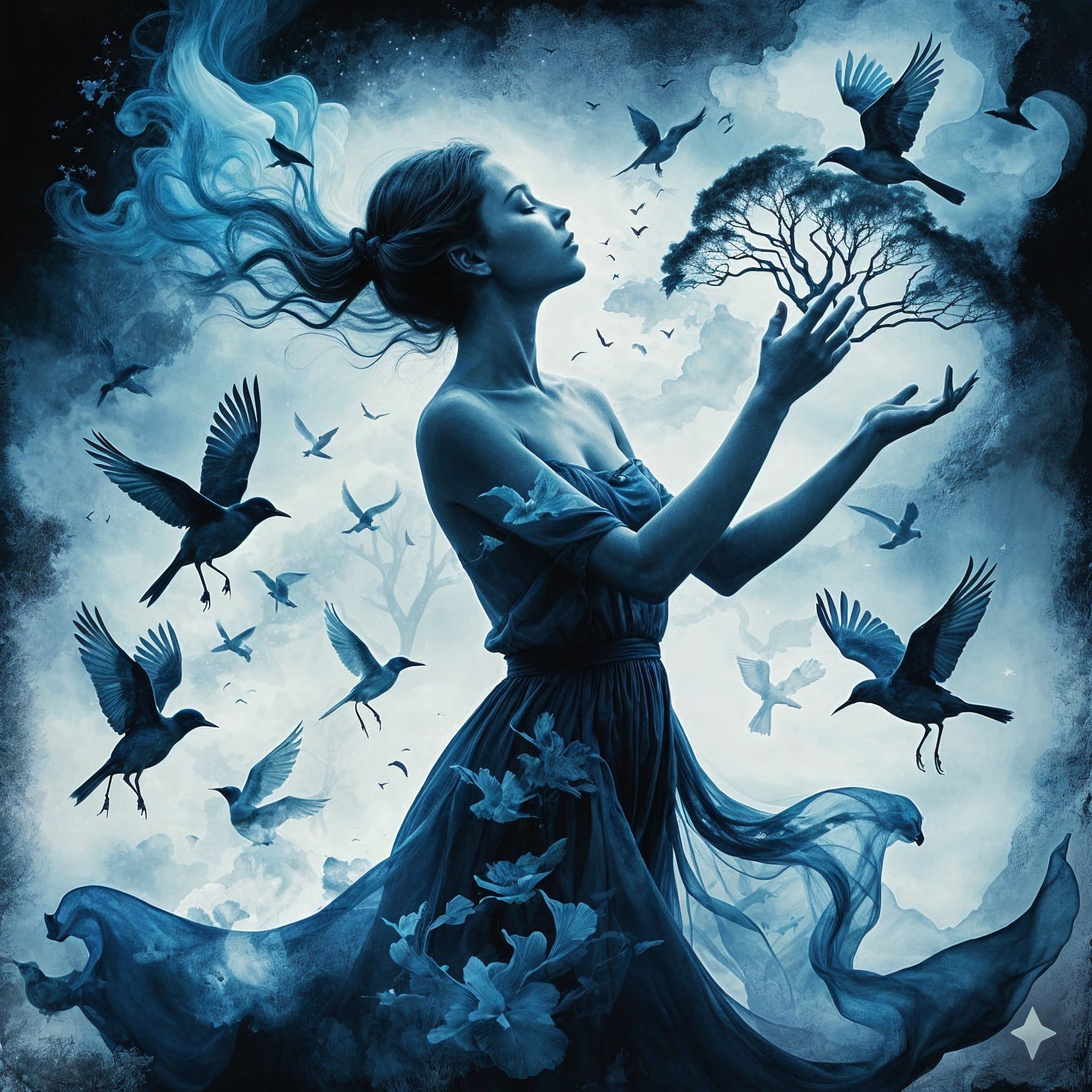 Woman in Blue Dress with Tree and Birds in Mist