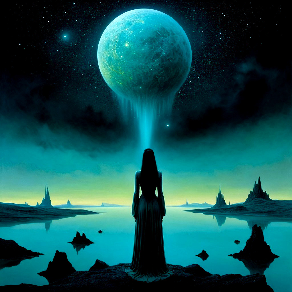 Silhouetted figure in an otherworldly landscape at night