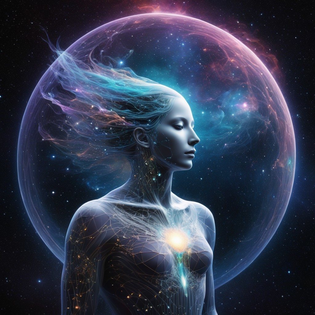 Cosmic goddess in a starry universe with glowing features