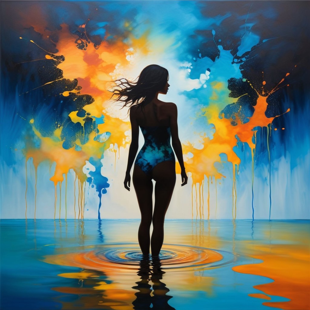 Silhouette of a Woman in Colorful Water Scene