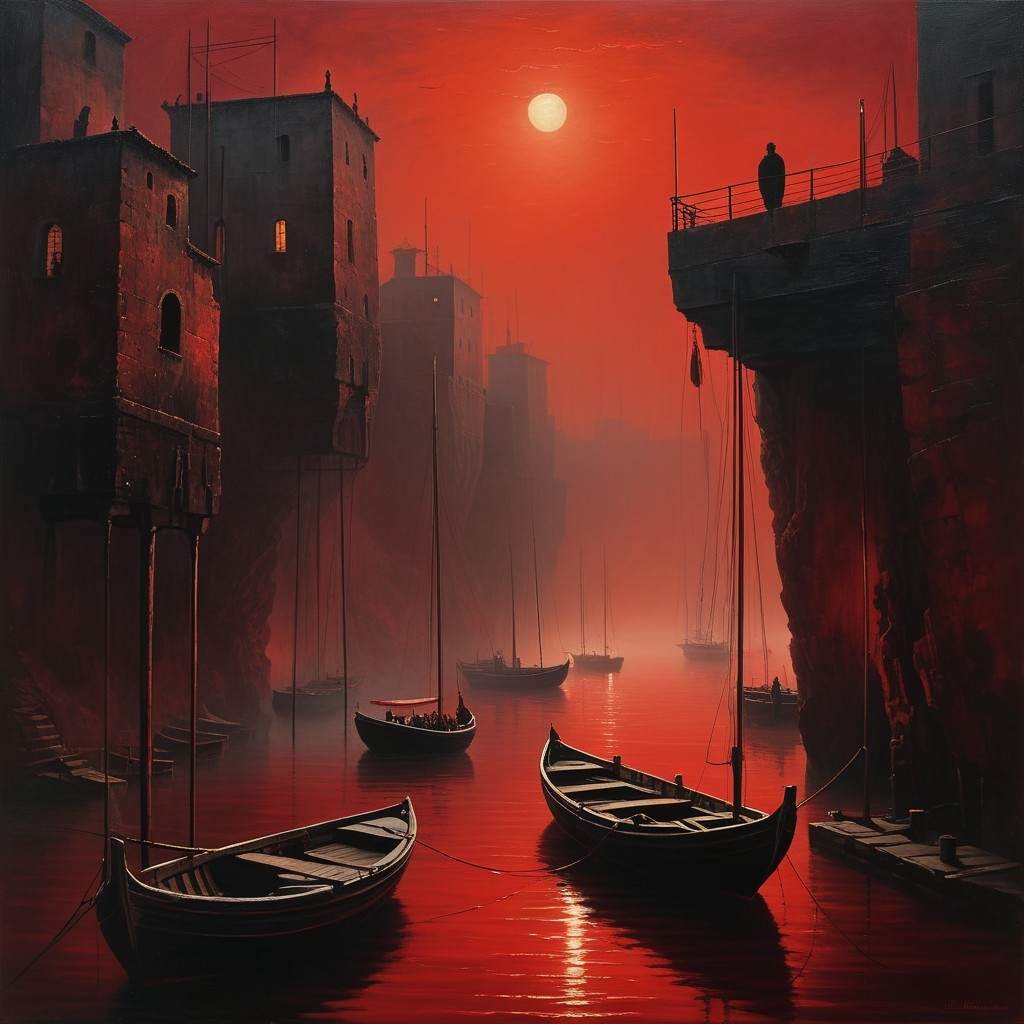 Crimson Sunset Over Tranquil Harbor Landscape
