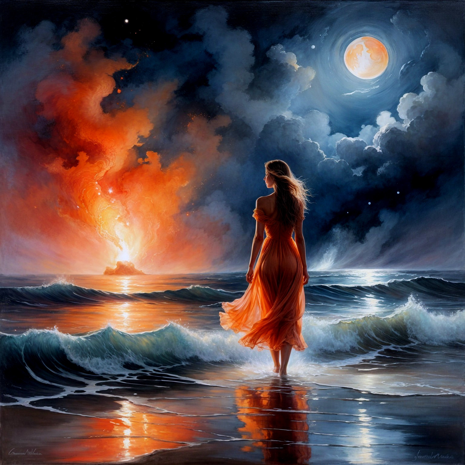 Serene figure in orange dress by dramatic water scene